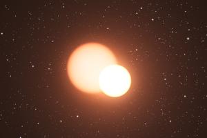 Artist view of a close orbiting binary star.