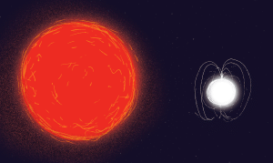 An artist's rendering of a red giant and its neutron star companion.