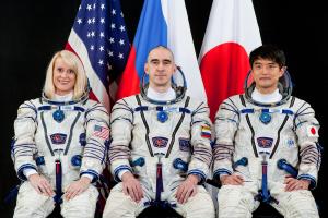 The departing Expedition 48-49 crew members (from left) Kate Rubins, Anatoly Ivanishin and Takuya Onishi.
