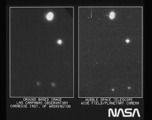 First Hubble image (right) compared to a ground-based image (left).