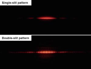 Light passing through two small slits creates an interference pattern, proving the wave behavior of light.
