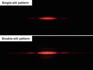 Light passing through two small slits creates an interference pattern, proving the wave behavior of light.