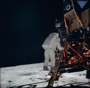 Buzz Aldrin taking his first steps to the Moon.