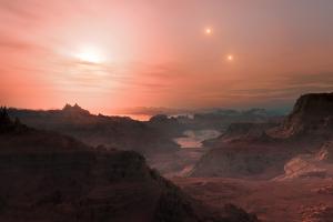 This artist’s impression shows a sunset seen from the super-Earth Gliese 667 Cc.