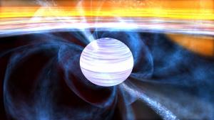 Illustration of a millisecond pulsar consuming material from a companion star.