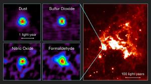 This figure shows observations of the first hot core to be found outside the Milky Way with ALMA and a view of the region of sky in infrared light.