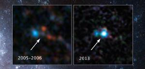 Before-and-after images of Supernova 2012Z, as captured by the Hubble Space Telescope.