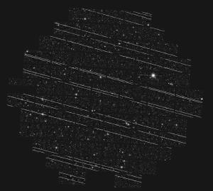 Streaks from Starlink satellites mar the sky.