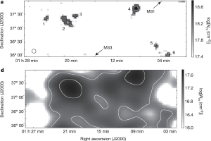 A map of neutral hydrogen in Andromeda and Triangulum.